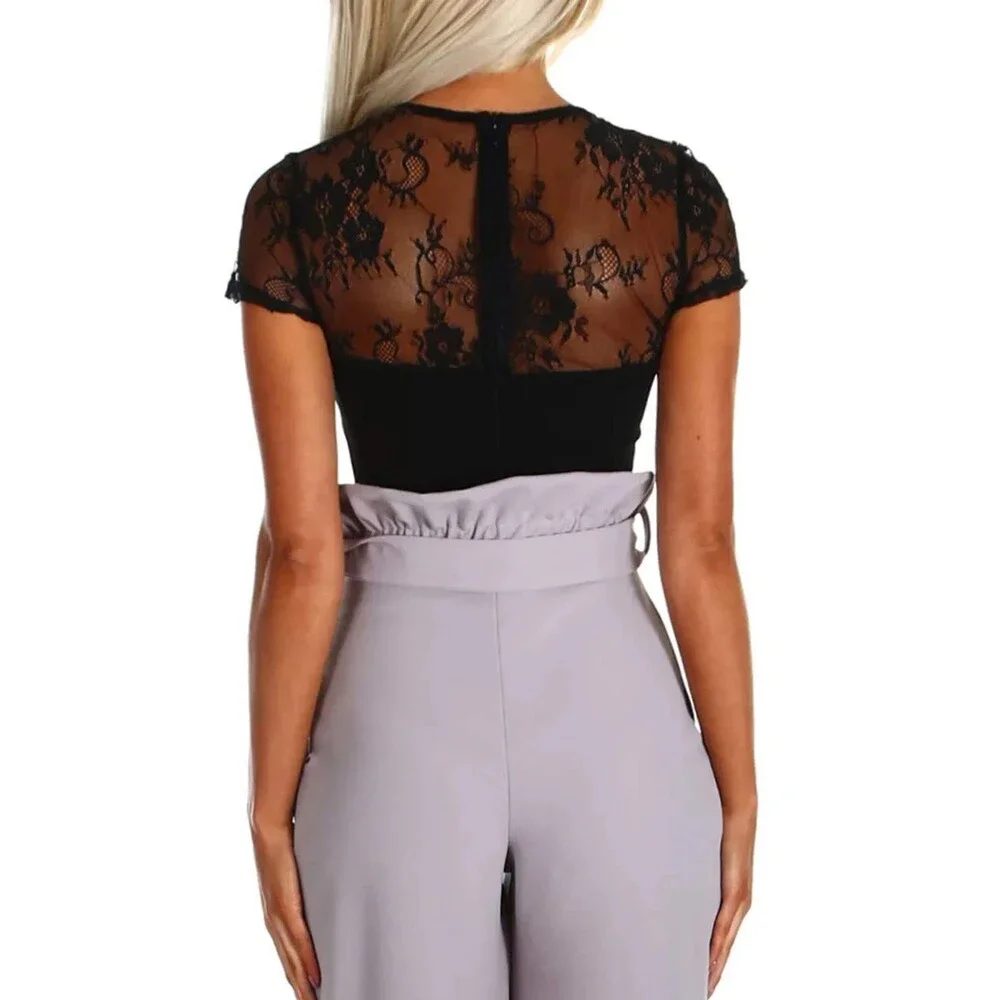 SEBOWEL Women's Short Sleeve Lace Bodysuit Mesh See Through Jumpsuits Rompers XL